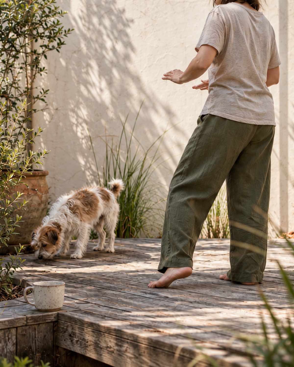An illustrative everyday practice scene: gentle movement on a sunlit deck, with a dog nearby.